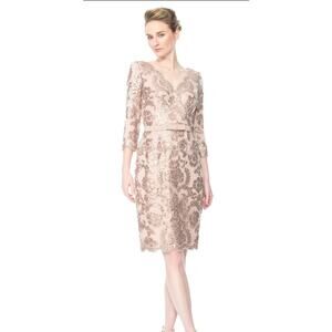 Tadashi Shoji Lace 3/4 Sleeve V-Neck Paillette Sequin Embroidered midi Dress